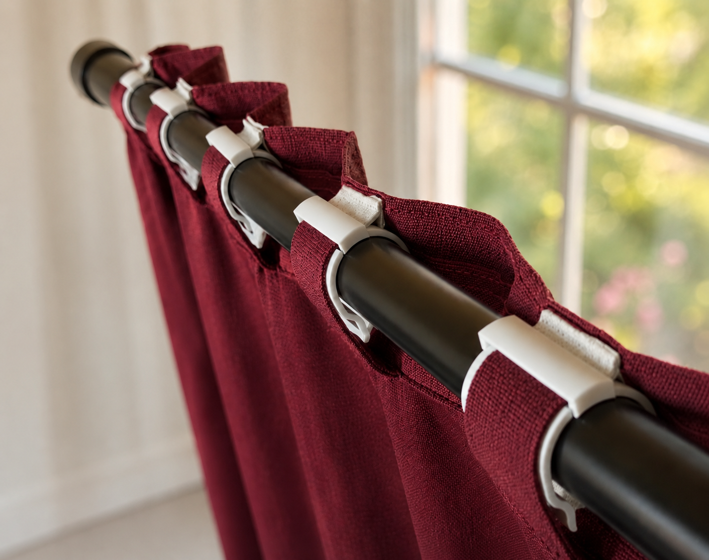 Top view of maroon curtain with SilkSlide clip