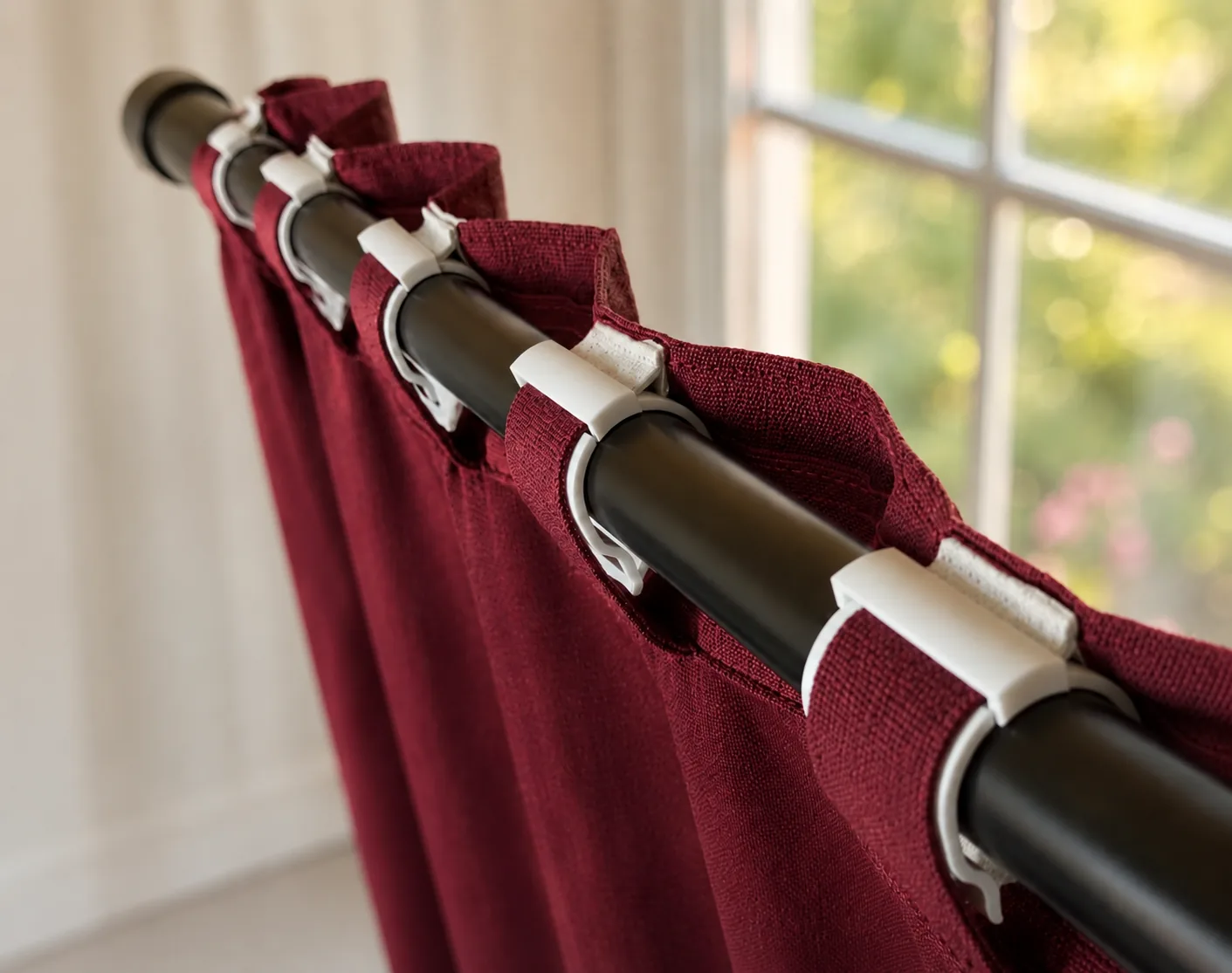 Top view of maroon curtain with SilkSlide clip