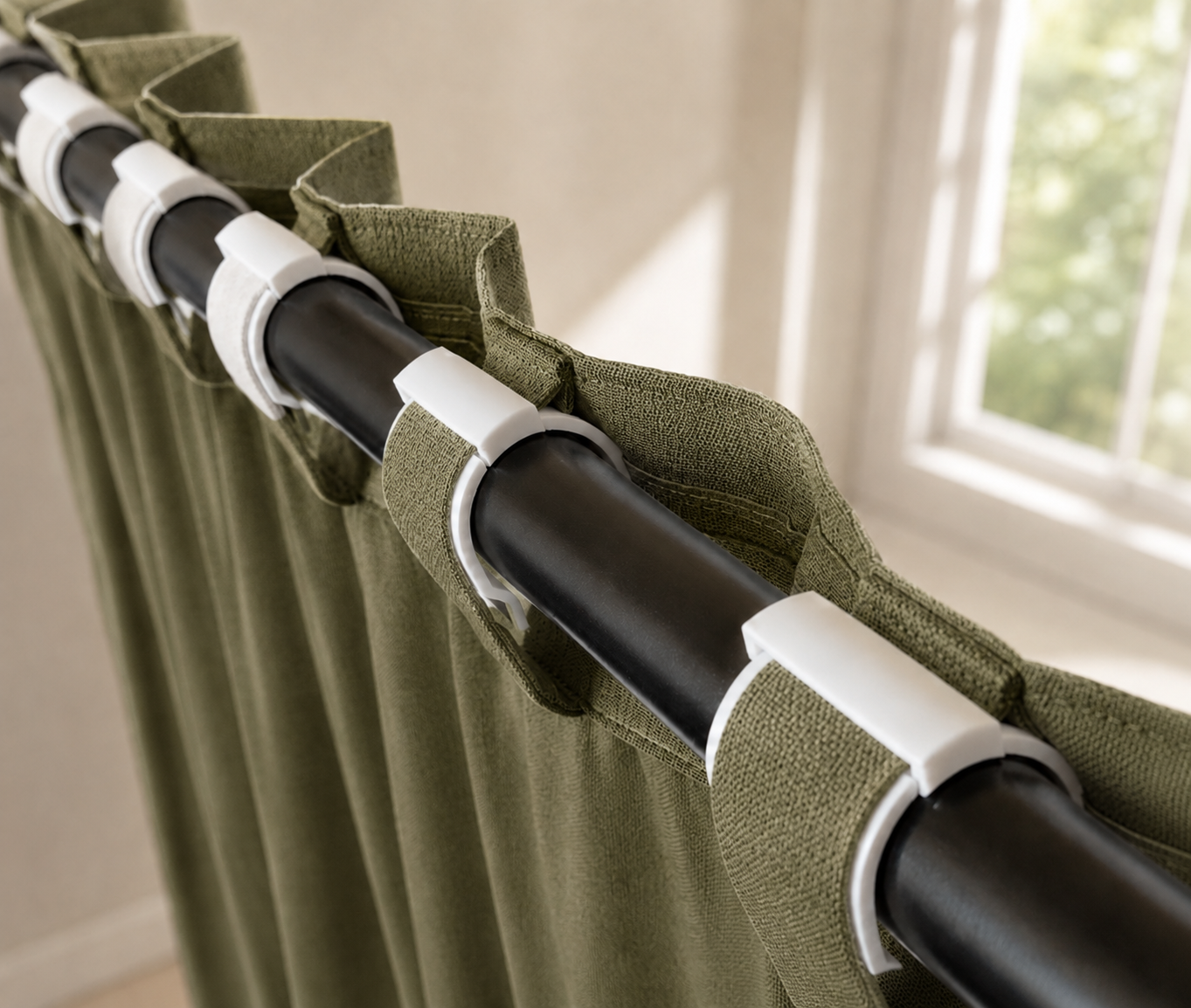 Top view of olive curtain on SilkSlide clips