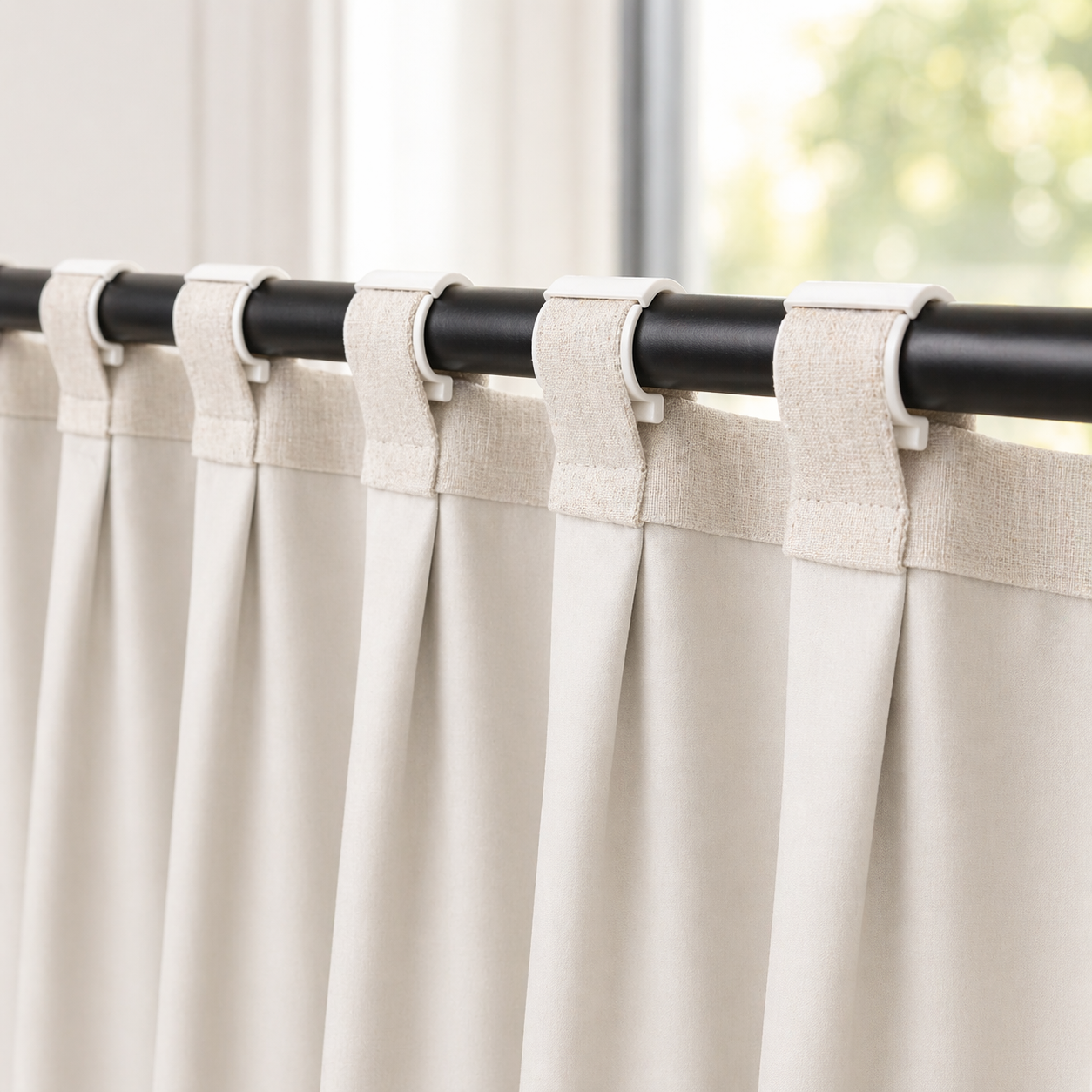 Curtain tabs neatly arranged on SilkSlide clips