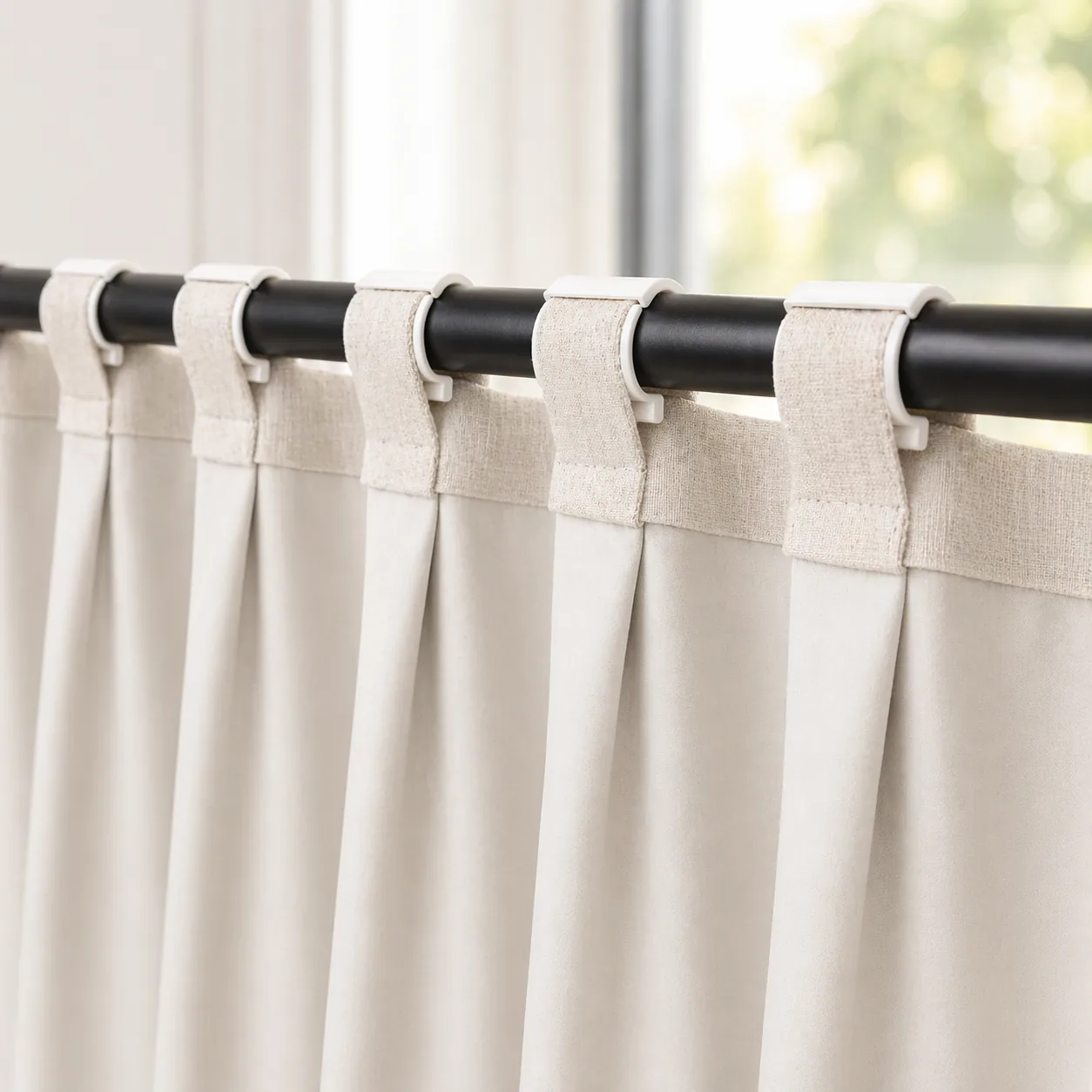 Curtain tabs neatly arranged on SilkSlide clips