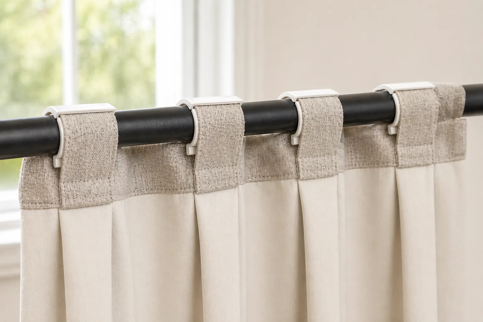 Close-up of curtain back tabs on SilkSlide clips
