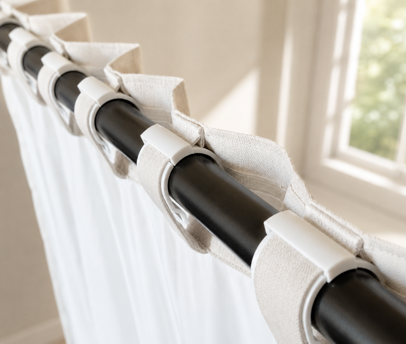 Top view of tan curtain on SilkSlide clips