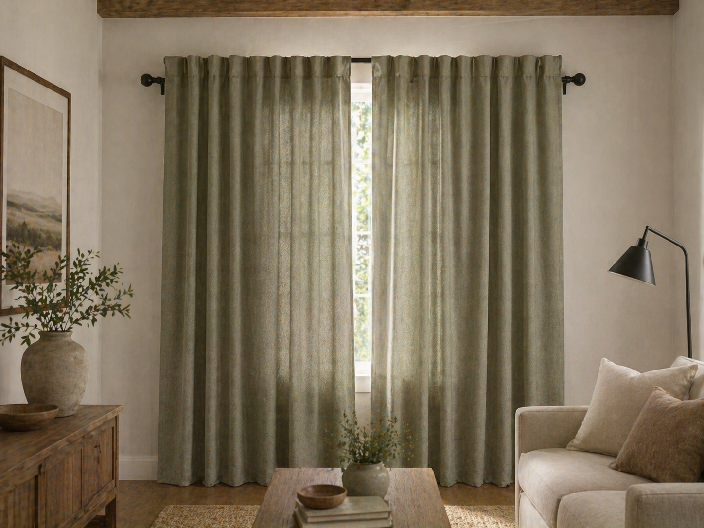 Living room with sage curtains on SilkSlide clips